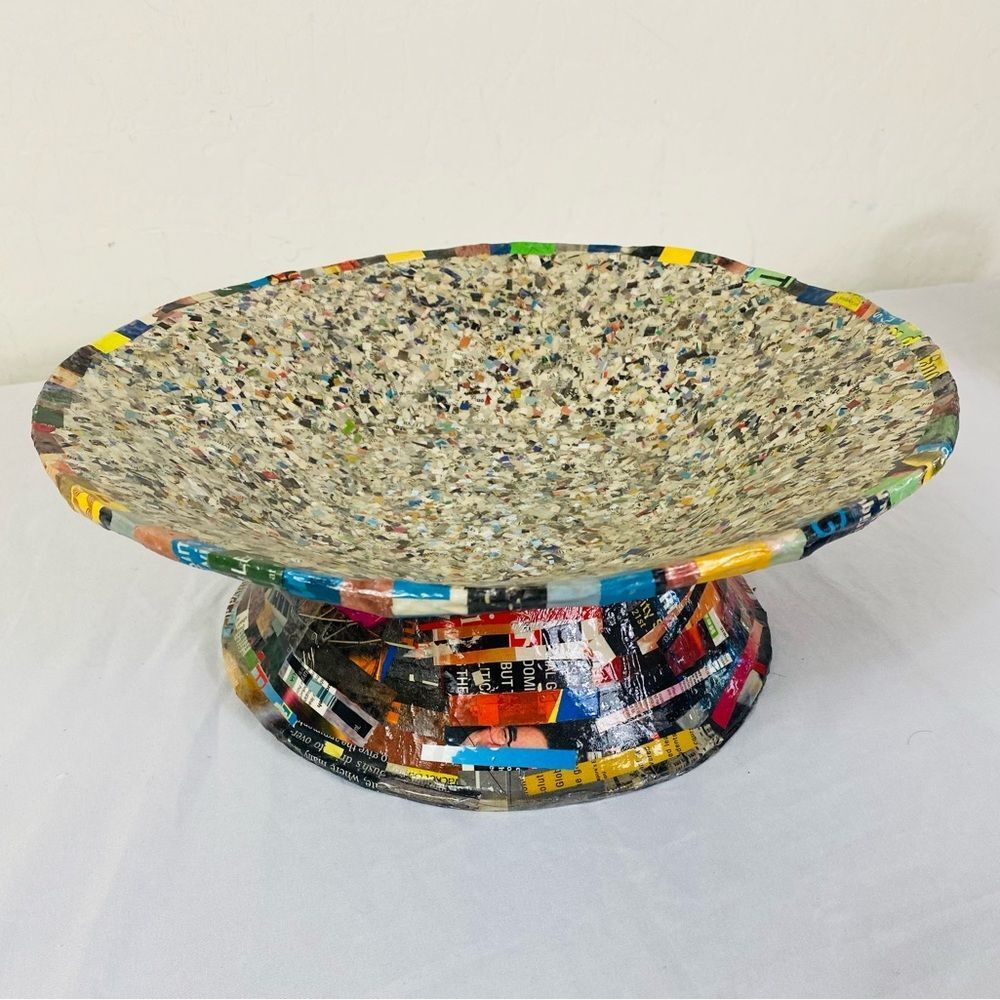 Recycled Multicolor Paper Pedestal Bowl - Eco Accent Retro Paper Machete - Picture 1 of 10